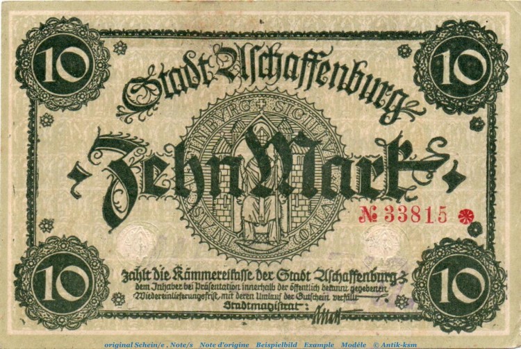 Banknote Aschaffenburg , 10 Mark Schein in kfr.E Geiger 022.02 , o.D. Bayern Großnotgeld