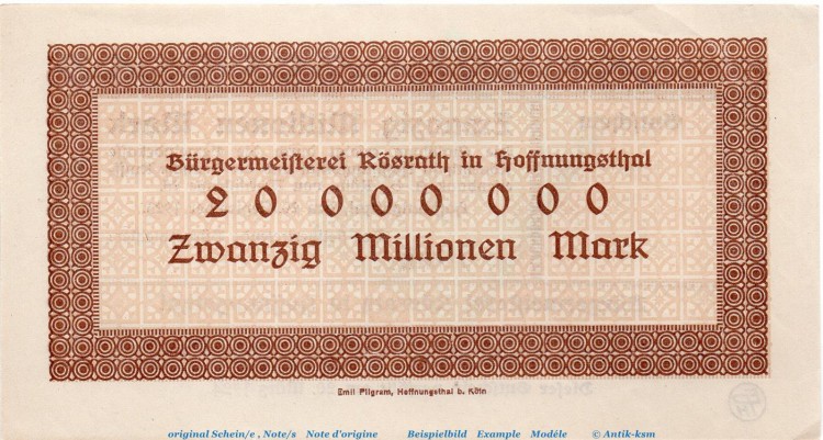 Banknote B. Amt Hoffnungsthal , 20 Millionen Mark Schein in kfr. Keller 2408.b , 20.09.1923 , Rheinland Großnotgeld Inflation