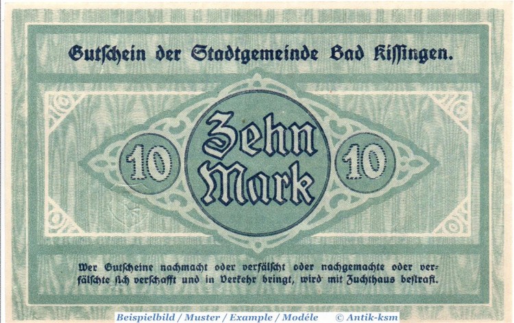 Bad Kissingen , Banknote 10 Mark Schein in kfr. Geiger 272.02.a-b , Bayern 1918 Großnotgeld