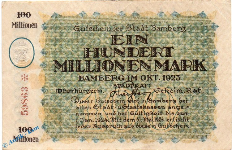 Banknote Bamberg , 100 Millionen Mark Schein in gbr. Keller 225.c , 1923 , Bayern Großnotgeld Inflation