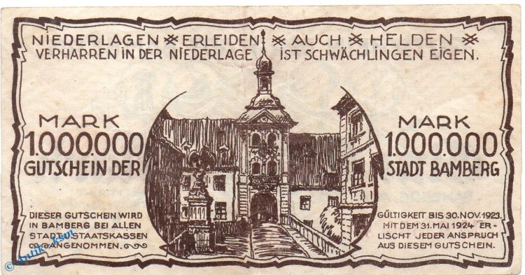 Banknote Bamberg , 1 Million Mark Schein in gbr. Keller 225.a , 1923 , Bayern Großnotgeld Inflation