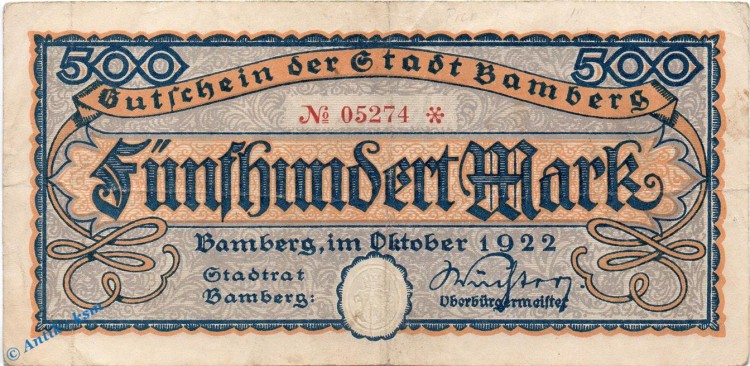 Banknote Bamberg , 500 Mark Schein in gbr. Müller 190.2 , 1922 , Bayern Großnotgeld Inflation
