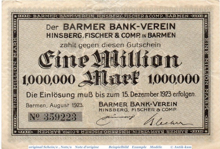 Banknote Barmen , 1 Million Mark Schein in gbr. Keller 237.c , Aug.1923 , Rheinland Großnotgeld Inflation