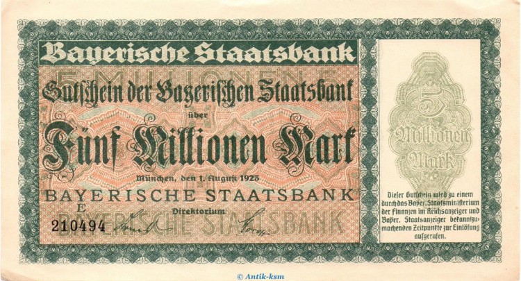 Banknote Bay. Staatsbank München , 5 Millionen Mark in f-kfr. Keller 3657.c-d von 1923 , Bayern Großnotgeld - Inflation