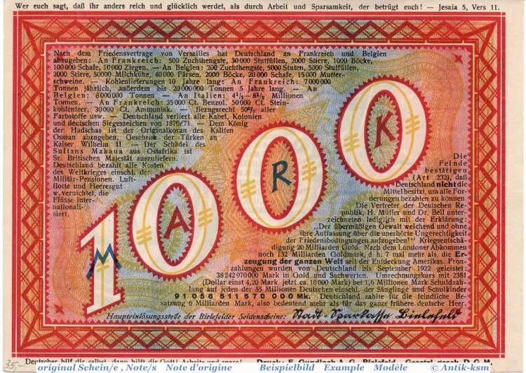 Banknote Bielefeld , 1.000 Mark Schein in kfr. Müller 380.4.c , 21.11.1922 , Westfalen Großnotgeld Inflation