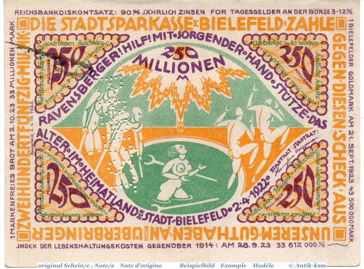 Banknote Bielefeld , P.Rüst 250 Millionen Mark Schein in kfr. Keller 415.e , 04.10.1923 , Westfalen Großnotgeld Inflation