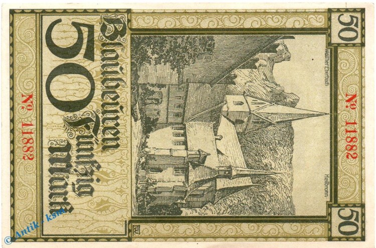 Banknote Blaubeuren , 50 Mark Schein in kfr. Geiger 049.04.a,b , o.D. - 01.08.1919 , Württemberg Großnotgeld