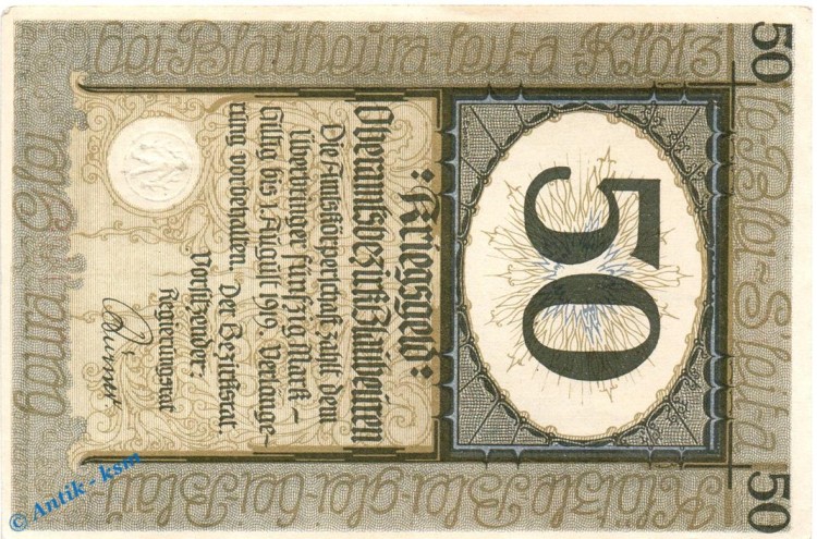 Banknote Blaubeuren , 50 Mark Schein in kfr. Geiger 049.04.a,b , o.D. - 01.08.1919 , Württemberg Großnotgeld