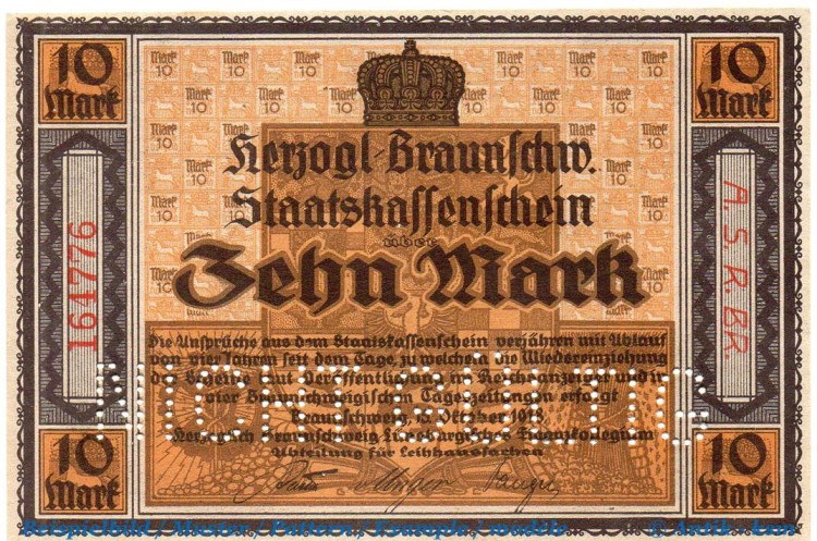 Banknote Braunschweig , 10 Mark Schein in kfr. E , Geiger 059.04.a , 15.10.1918 , Niedersachsen Großnotgeld