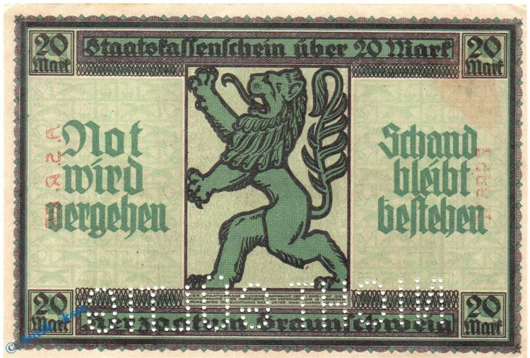 Banknote Braunschweig , 20 Mark Schein in kfr. E , Kn 4,5 , Geiger 059.05.b , 15.10.1918 , Niedersachsen Großnotgeld