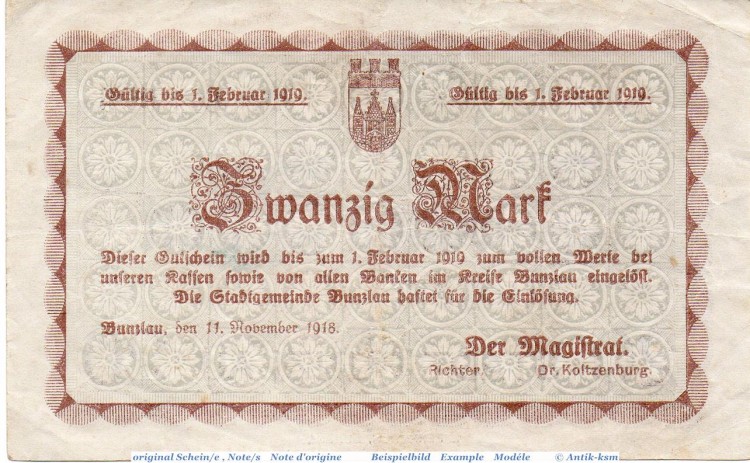 Banknote Bunzlau , 20 Mark Schein in gbr. Geiger 072.02.b , 11.11.1918 , Schlesien Großnotgeld
