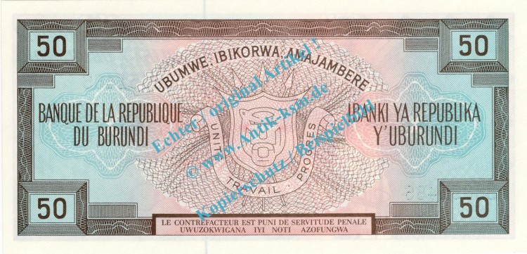 Banknote Burundi - Burundi , 50 Francs Schein -Trommeln li.- von 1988 in unc - kfr