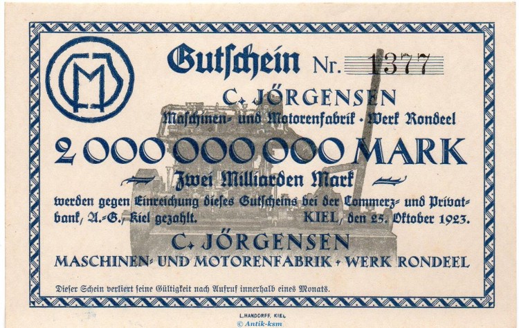 Banknote C. Jörgensen Kiel , 2 Milliarden Mark Schein in kfr. Keller 2623. von 1923 , Schleswig Holstein Großnotgeld Inflation