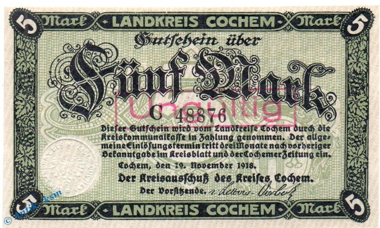 Banknote Cochem , 5 Mark Schein in kfr. E , Geiger 083.02 , 19.11.1918 , Rheinland Großnotgeld
