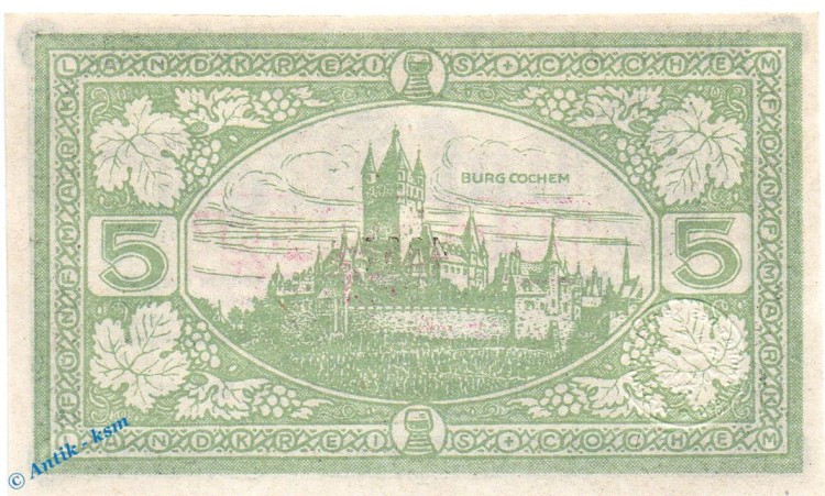 Banknote Cochem , 5 Mark Schein in kfr. E , Geiger 083.02 , 19.11.1918 , Rheinland Großnotgeld