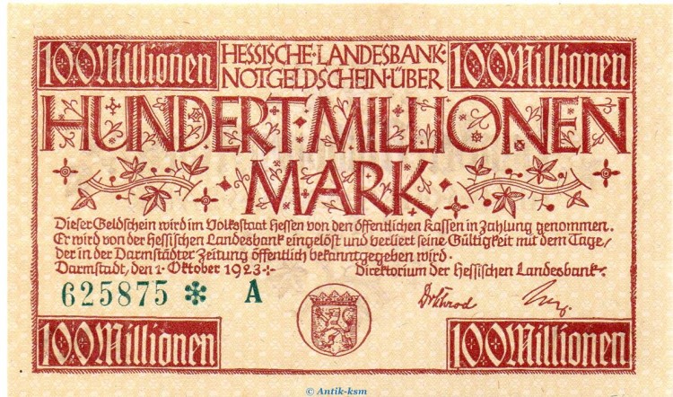 Banknote Darmstadt He. Landesbank , 100 Millionen Mark Schein in kfr. Keller 956.e von 1923 , Hessen Inflation