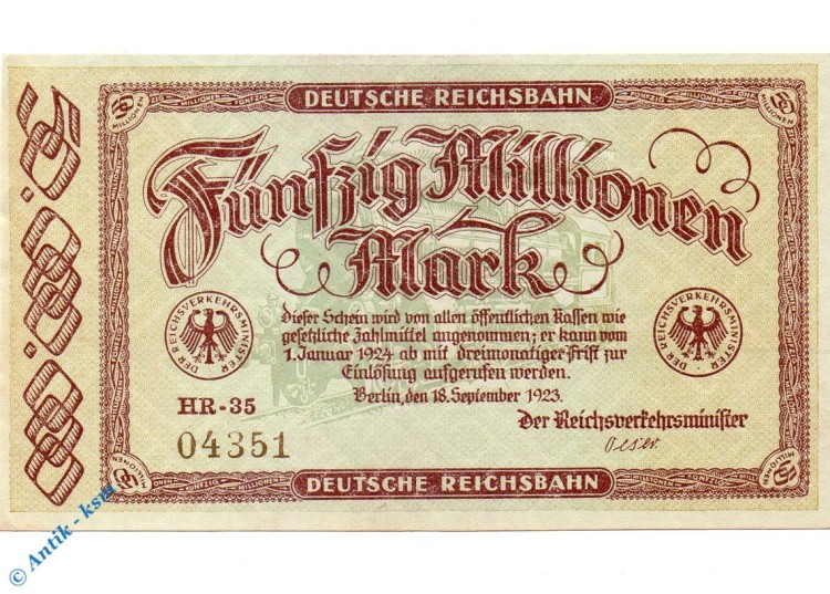 Banknote Reichsbahn , 50 Millionen Mark Schein in kfr. RVM-6.c-d, S.1016 von 1923 , Inflation deutsche Reichsbahn