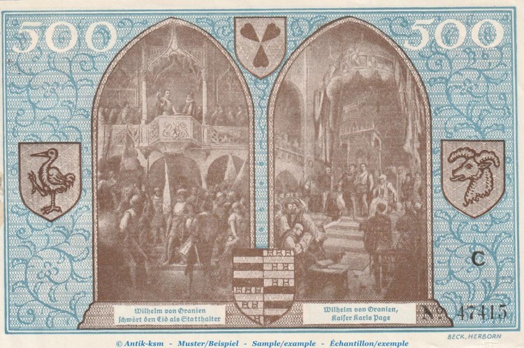 Banknote Dill-Kreis Dillenburg , 500 Mark Schein in kfr. Müller 995.11 von 1922 , Bayern Großnotgeld - Inflation