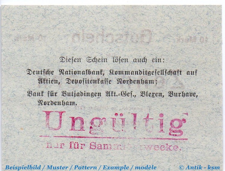Banknote Einswarden , 10 Mark Schein in kfr. E , Geiger 120.04 , 10.1918 , Niedersachsen Großnotgeld