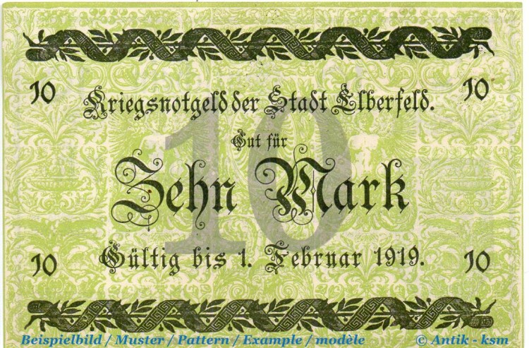 Banknote Stadt Elberfeld , 10 Mark Schein in kfr. Geiger 124.02 von 1918 , Rheinland Großnotgeld