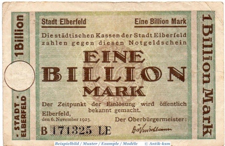 Banknote Elberfeld , 1 Billion Mark Schein in gbr. Dreiecke , Keller 1294.bb , 6.11.1923 , Rheinland Großnotgeld