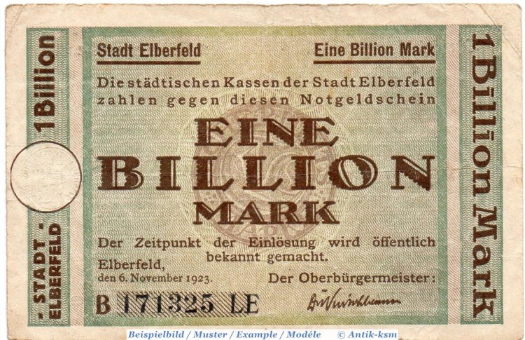 Banknote Elberfeld , 1 Billion Mark Schein in gbr. Dreiecke , Keller 1294.bb , 6.11.1923 , Rheinland Großnotgeld