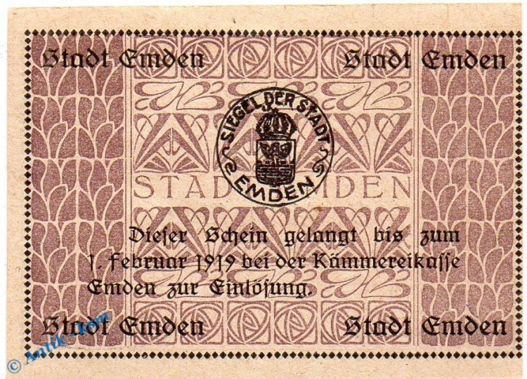 Banknote Emden , 5 Mark Schein in kfr. Geiger 131.04 , o.D. - 1919 , Niedersachsen Großnotgeld