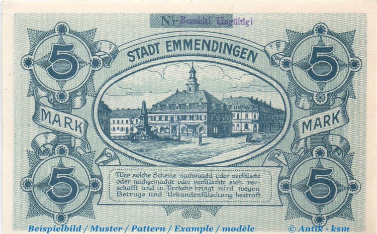 Banknote Emmendingen , 5 Mark Schein in kfr. E , Geiger 133.02.b , 30.10.1918 , Baden Großnotgeld