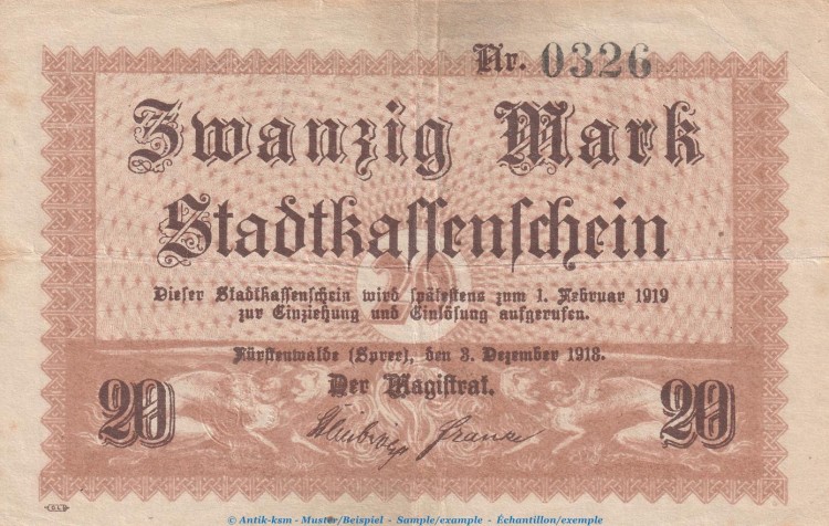 Banknote Fürstenwalde , 20 Mark Schein in gbr. Geiger 164.02 , 03.12.1918 , Brandenburg Großnotgeld