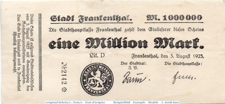 Banknote Frankenthal , 1 Million Mark Schein in gbr. Keller 1520.g , 03.08.1923 , Pfalz Großnotgeld Inflation