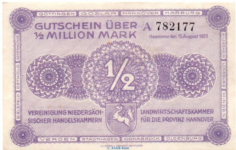 Banknote Handelskammer Hannover , halbe Million Mark Schein -A- in kfr. Keller 2169.a von 1923 , Niedersachsen Inflation