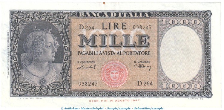 Banknote Italien , 1.000 Lire Schein B in kfr. P.88.b , 11.02.1949 , Bank of Italy
