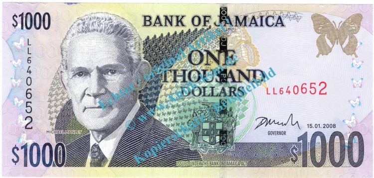 Banknote Jamaika - Jamaica , 1.000 Dollar Schein -Manley- von 2008 in unc - kfr