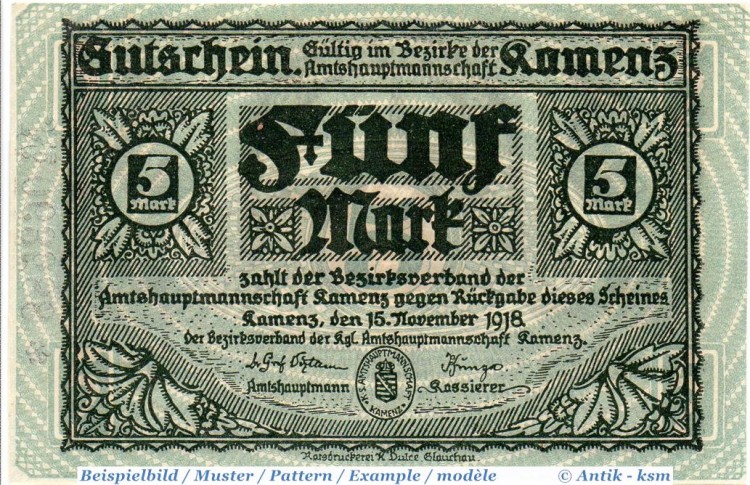 Banknote Kamenz , 5 Mark Schein in kfr. Geiger 262.01.d , 15.11.1918 , Sachsen Großnotgeld