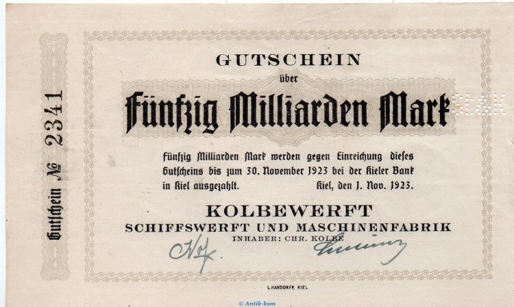 Banknote Kolbenwerft Kiel , 50 Milliarden Mark Schein in kfr. Keller 2626.a von 1923 , Schleswig Holstein Großnotgeld Inflation