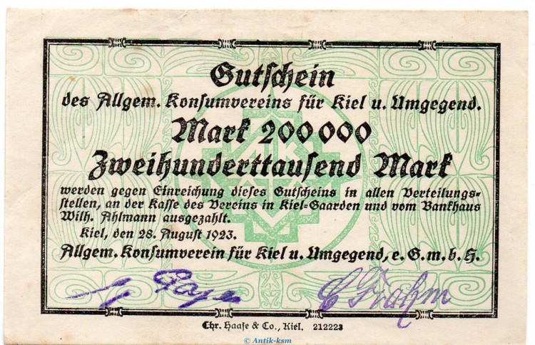 Banknote Konsumverein Kiel , 200.000 Mark Schein in gbr. Keller 2616.a von 1923 Schleswig Holstein Großnotgeld Inflation