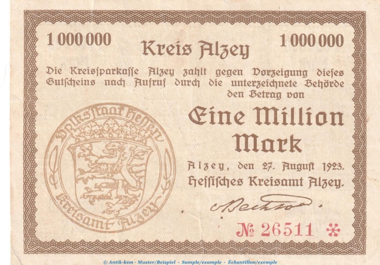 Banknote Kreis Alzey , 1 Million Mark Schein in gbr. Keller 87.f , 27.08.1923 , Hessen Großnotgeld Inflation