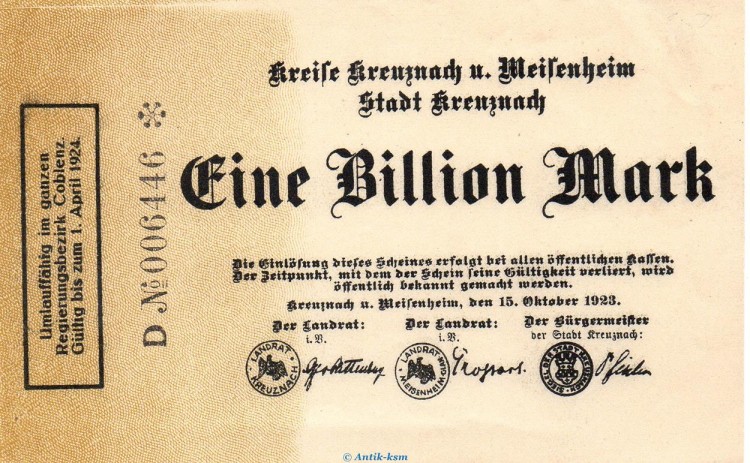 Banknote Kreise Kreuznach und Meisenheim , 1 Billion Mark in kfr. Keller 2814.d von 1923 Rheinland Grossnotgeld Inflation
