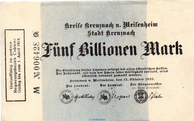 Banknote Kreise Kreuznach und Meisenheim , 5 Billionen Mark in kfr. Keller 2814.d von 1923 Rheinland Grossnotgeld Inflation