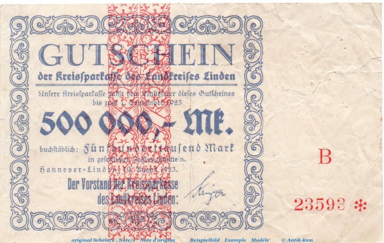 Banknote Kreissparkasse Hannover-Linden , 500.000 Mark gbr. Keller 2188.b , 10.08.1923 , Niedersachsen Großnotgeld Inflation
