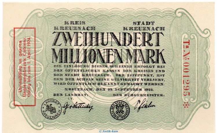 Banknote Kreis und Stadt Kreuznach , 200 Millionen Mark Zonenstempel in kfr. Keller 2813.k von 1923 Rheinland Grossnotgeld Inflation