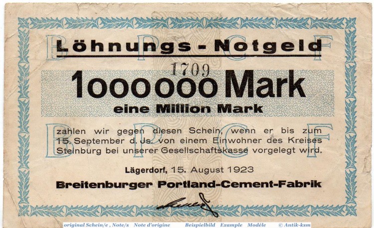 Banknote Lägerdorf , Breitenburger , 1 Million Mark Schein in gbr. Keller 2865 , 15.08.1923 , Schleswig Holstein Großnotgeld Inflation