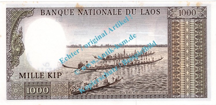 Banknote Laos - Lao , 1.000 Kip Schein -Ruderboote- ND 1963 in unc - kfr
