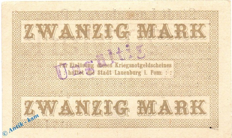 Banknote Lauenburg , 20 Mark Schein in kfr. E , Geiger 310.03.a , 15.11.1918 , Pommern Großnotgeld 