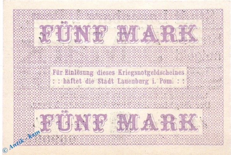 Banknote Lauenburg , 5 Mark Schein in kfr. Geiger 310.01.a , 15.11.1918 , Pommern Großnotgeld 