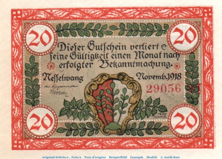 Banknote Marktgemeinde Nesselwang , 20 Mark Schein in kfr. Geiger 370.10 , von 1918 , Bayern Großnotgeld