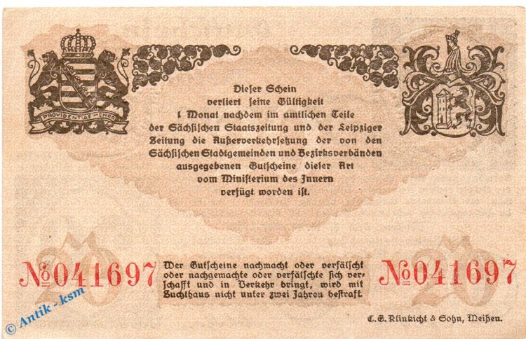Banknote Meissen , 20 Mark Schein in kfr. Geiger 356.03 , 08.11.1918 , Sachsen Großnotgeld 