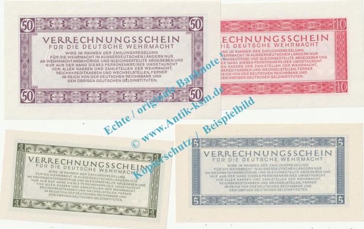 Banknoten , 4 Scheine in kfr. DWM-8-11, Ros.511-14, M.38-41, deutsche Wehrmacht - 3. Reich