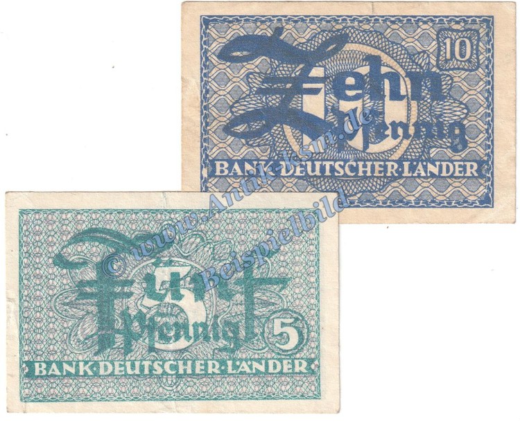 Banknoten , 5 und 10 Pfennig Scheine in gbr. WBZ-11-12, Ros.250-251, P.11-12 , Kopfgeld Bank deutscher Länder
