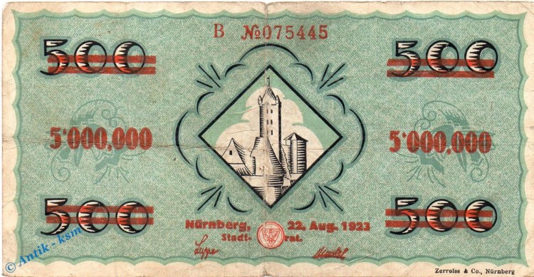 Banknote Nürnberg , 5 Millionen Mark Schein in gbr. Keller 3970.c , 20.09.1922 , Bayern Großnotgeld Inflation